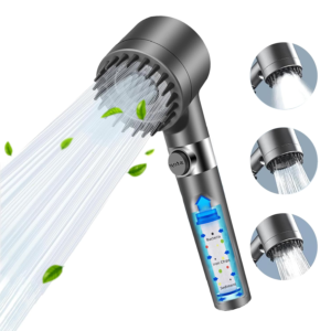 4 in 1 High-Pressure Massage Shower Head with Filter – 3 Spray Modes, Scalp Massage Function, Water-Saving Design – Chrome-Plated Durable ABS – Ultimate Spa Experience at Home -Gray