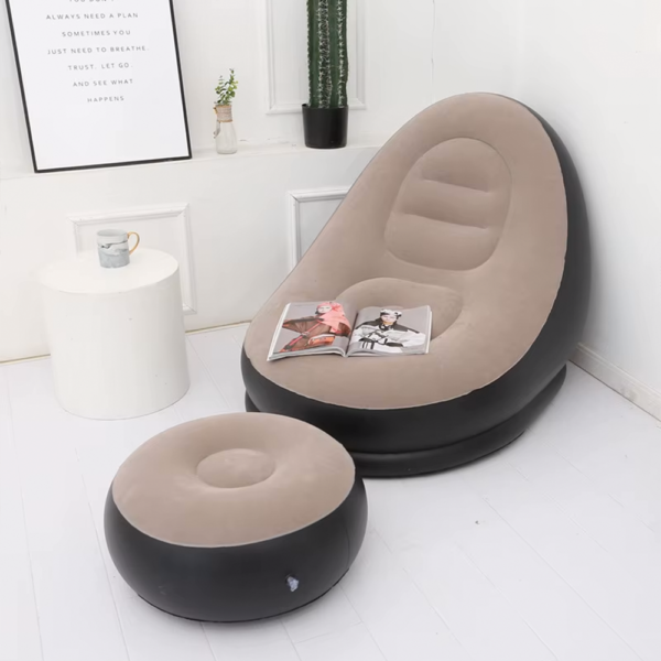 2-in-1 Inflatable Lounge Chair with Footrest, Folding Portable Inflatable Lazy Flocking Recliner Chair with Footstool 116x98 x 83cm