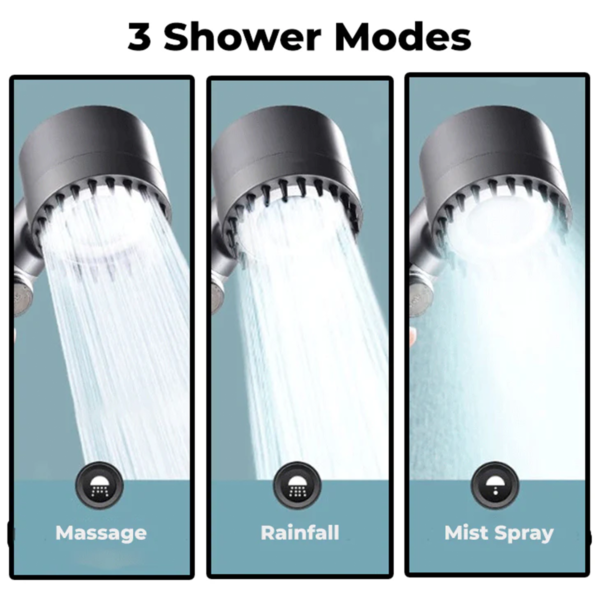 4 in 1 High-Pressure Massage Shower Head with Filter – 3 Spray Modes, Scalp Massage Function, Water-Saving Design – Chrome-Plated Durable ABS – Ultimate Spa Experience at Home -Gray