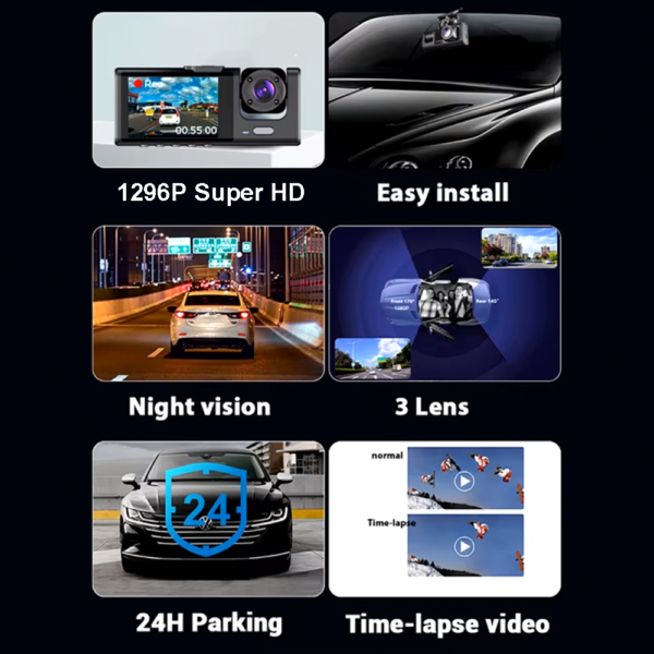 Dash Cam Built Car Dashboard Camera Recorder,1080P Super HD Triple Lens Dash Cam, Front, Rear & Inside, Night Vision Ring Recording, Dash Cam for Car, Gravity Sensing