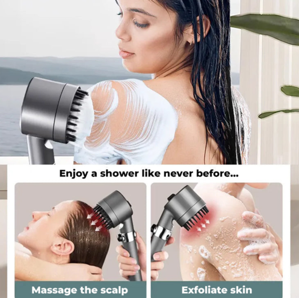 4 in 1 High-Pressure Massage Shower Head with Filter – 3 Spray Modes, Scalp Massage Function, Water-Saving Design – Chrome-Plated Durable ABS – Ultimate Spa Experience at Home -Gray