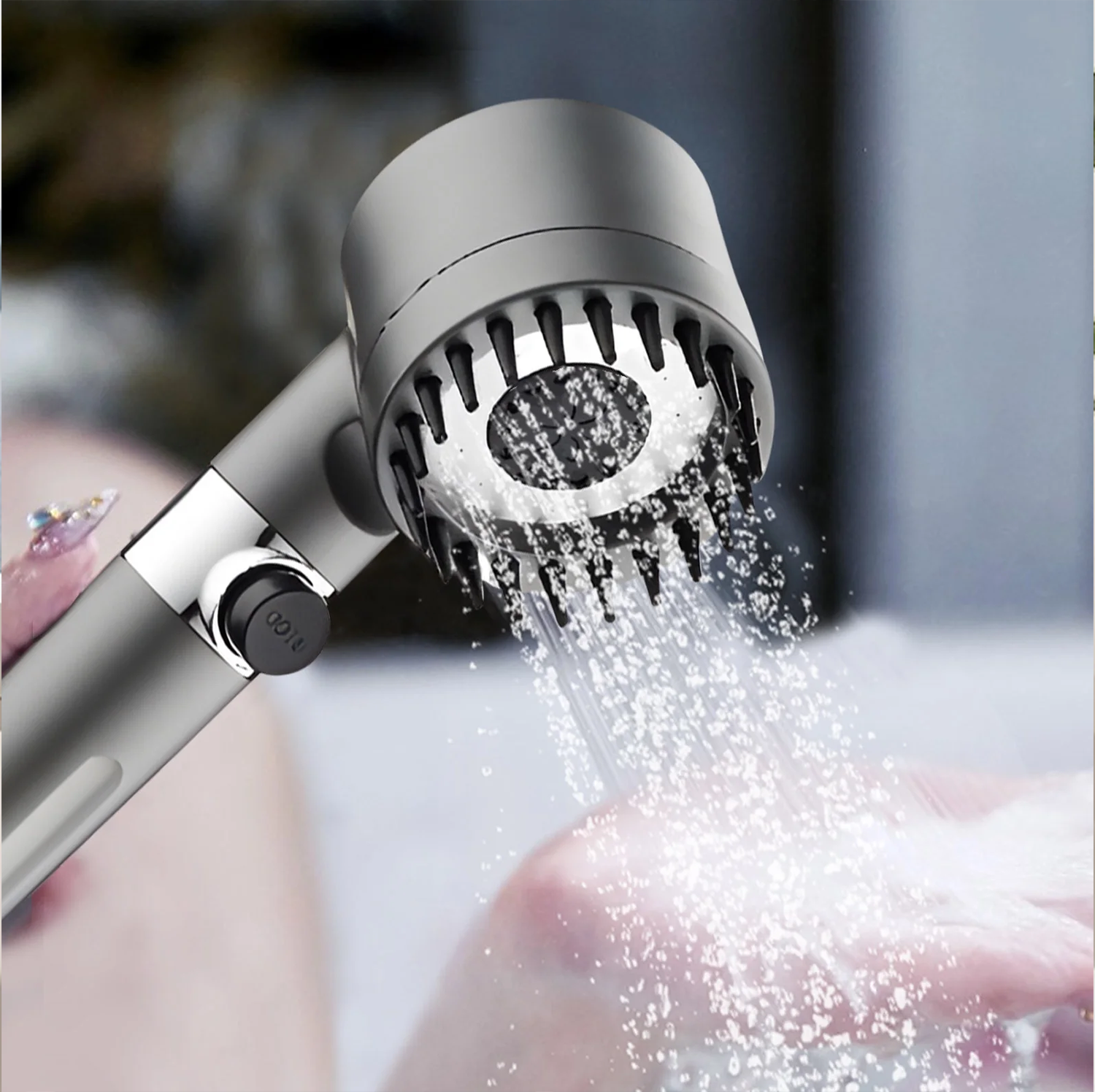 4 in 1 High-Pressure Massage Shower Head with Filter – 3 Spray Modes, Scalp Massage Function, Water-Saving Design – Chrome-Plated Durable ABS – Ultimate Spa Experience at Home -Gray